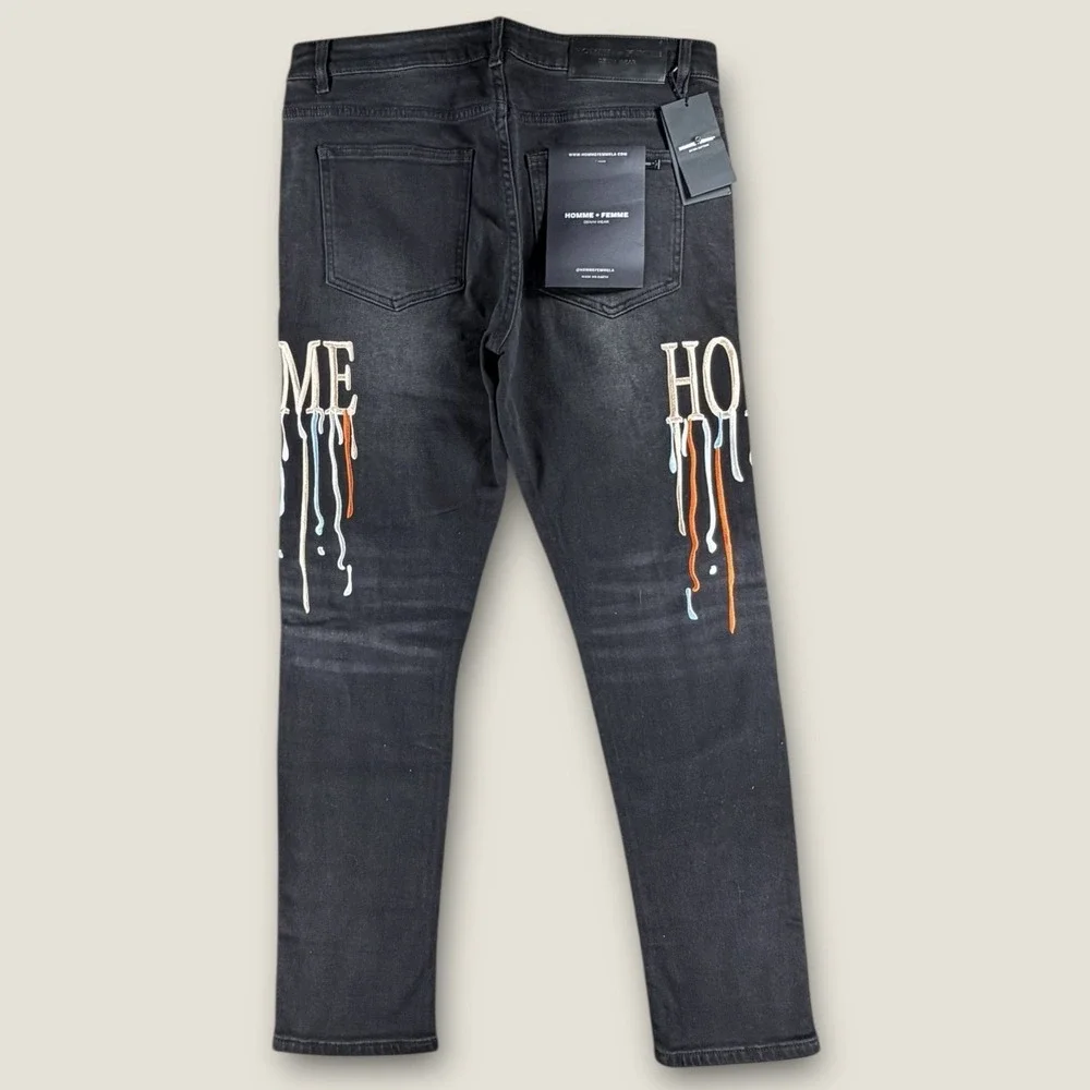 Homme Femme Distressed & Logo‎ Patch Jeans BRAND NEW Sz 36 Denim Black